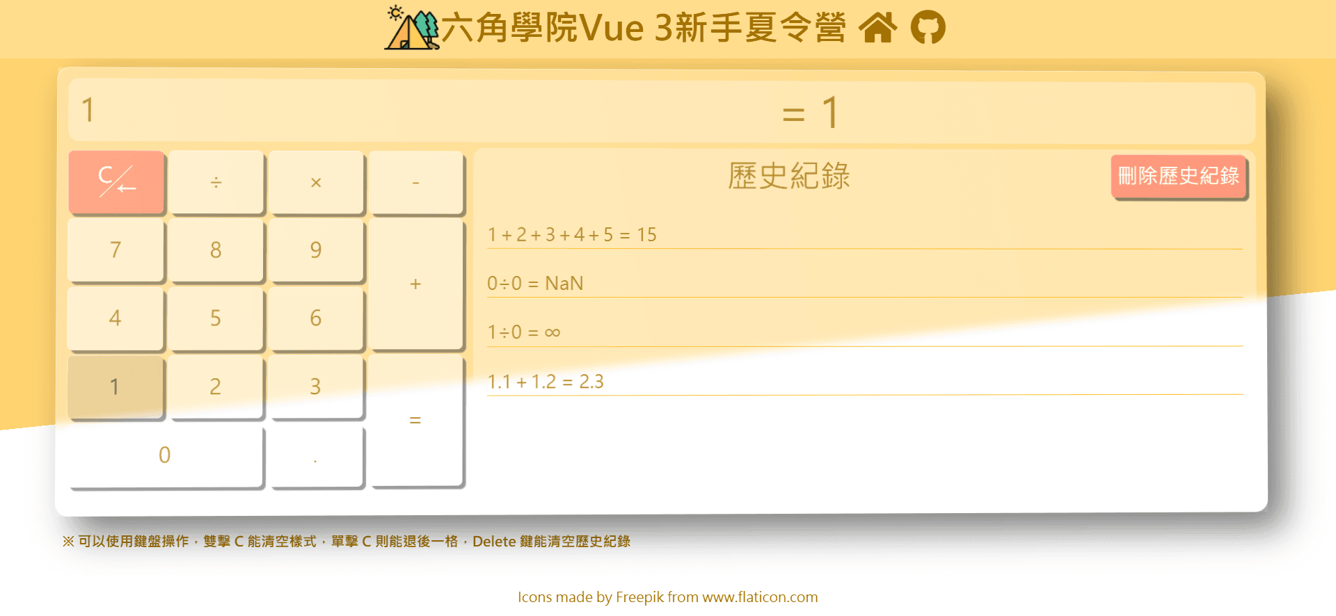 第二週作業展示，運用了 Vue 進階指令與 localStrage，同時也自我挑戰運用了鍵盤監聽，只使用鍵盤就能操控計算機功能，點擊圖片可察看成果